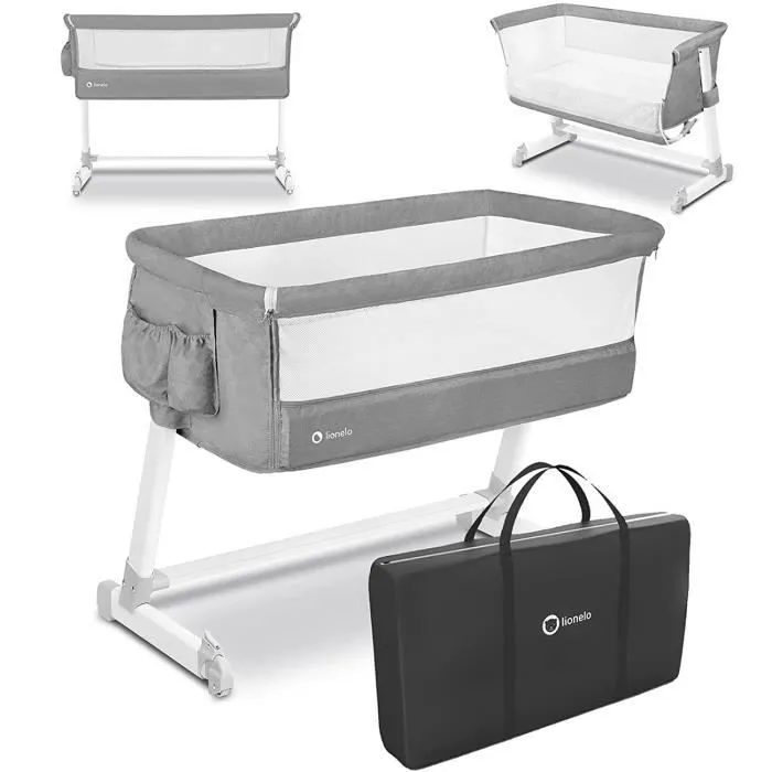 Lionelo - Théo 2en1 - Lit évolutif cododo avec matelas - De 0 Kg à 9 Kg - Hauteur et inclinaison réglables - Gris-0