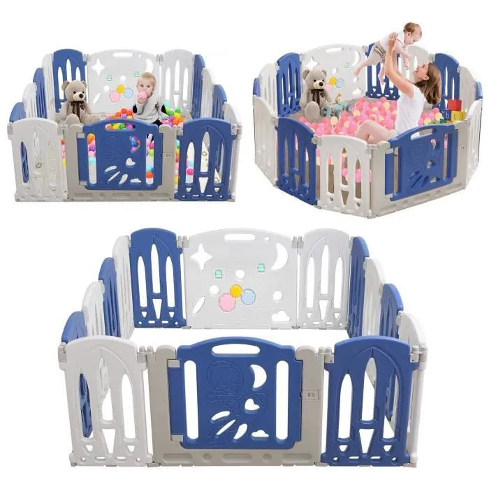 LILIIN Parc pour Bébé Pliable avec Porte et Planche à Jouets, 12 Panneaux + 2 Accessoires, Design Bleu et Blanc-1