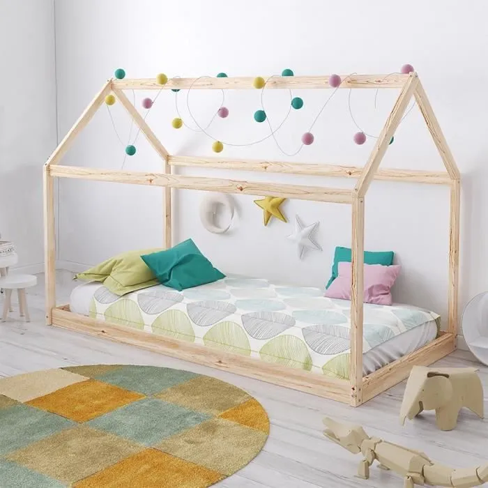 Lit cabane PANDA 90x190 + 1 sommier + matelas IRIS / Naturel 195x134x97 cm-0