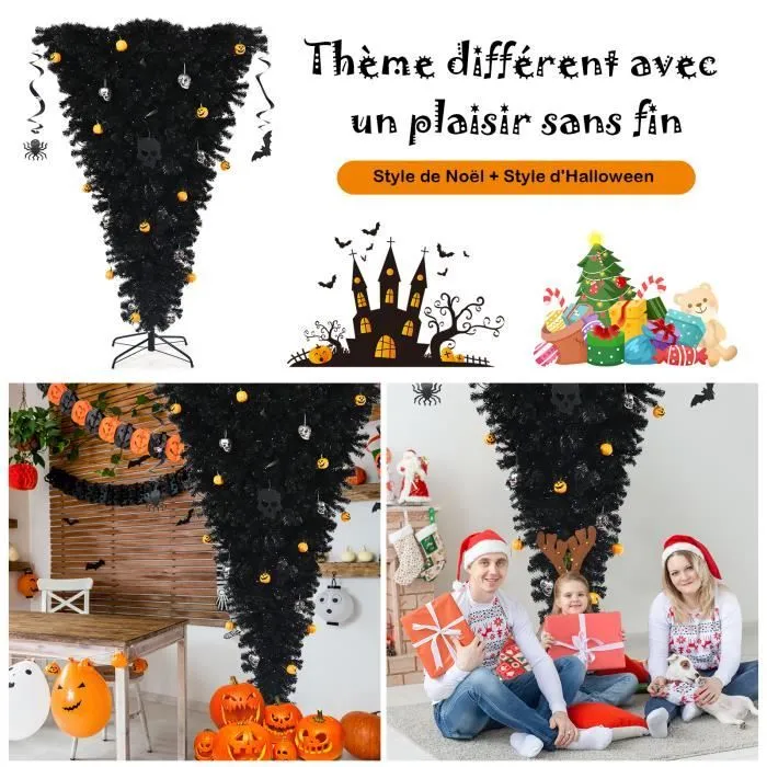 COSTWAY Sapin de Noël Artificiel Noir 180 cm Inversé Arbre d'Halloween avec 270 Lumières LED Violettes Décoré de Citrouilles Crânes-3