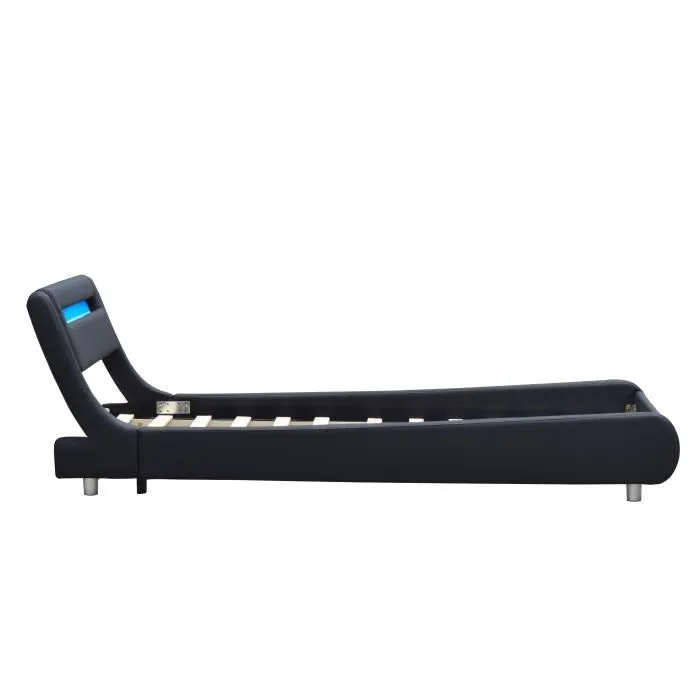 Lit simple en placage MDF pour matelas 120x190 avec sommier lattes et tte de lit incurve NOIR-3