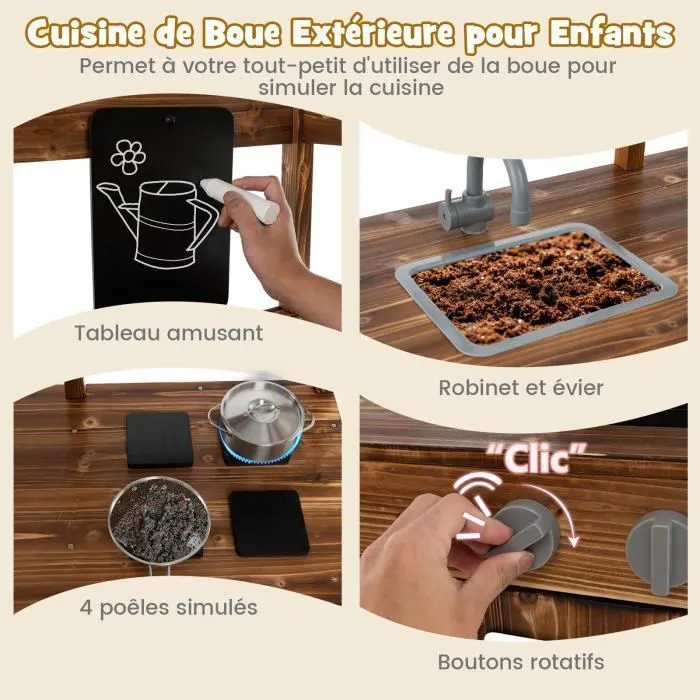 Cuisine Enfants d'Extérieur COSTWAY - Auvent, Robinet Rotatif, Évier Amovible, Poêles, Boutons Réalistes, Tableau Noir, 3 à 7 Ans-1