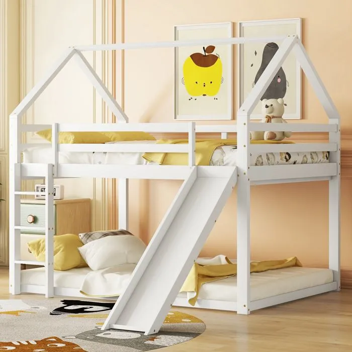 Lit superposé cabane avec toboggan et échelle - 140x200cm - cadre en pin massif - Blanc-0