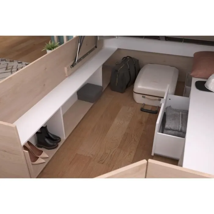 ODYSSEE Lit coffre adulte - 140x190/200 cm - Avec coffre relevable - Décor chêne et Blanc - 168,3x66,5x209,5 cm-4