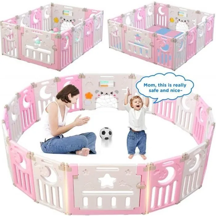 Parc Bébé Barrière Sécurité Plastique Pilable Enfant Protection 12 + 2 Panneaux d’Activité Porte Rose et Blanc-0