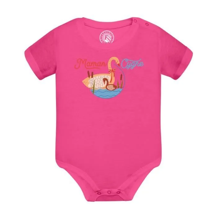 Body Bébé Manche Courte Rose Maman Cygne et son Bébé Dessin Illustration-0