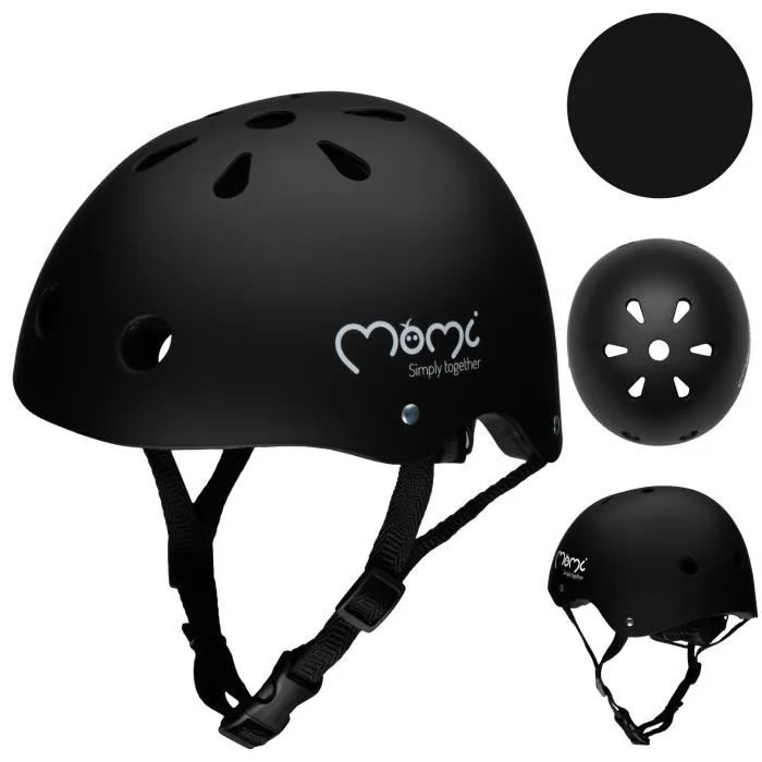 MoMi MIMI - Casque Enfant Vélo Scooter - tour de tête 47-58 cm - ABS EPS - mentonnière réglable - Noir mat-0