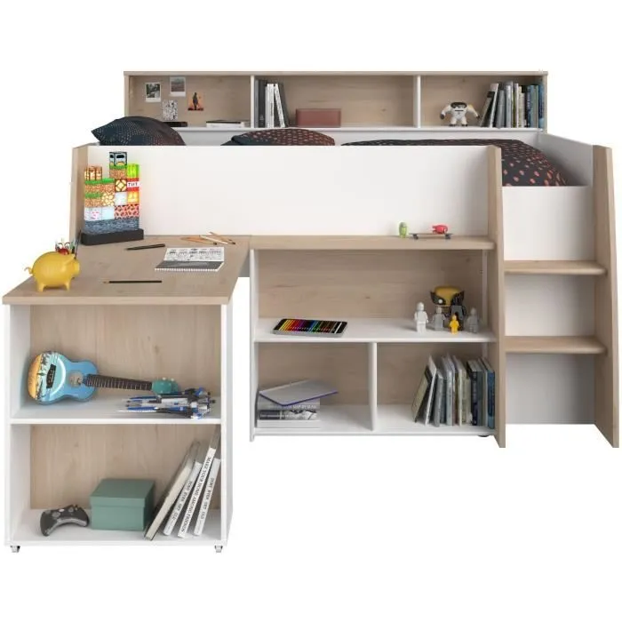 PARISOT Lit combiné enfant avec bureau rétractable - Décor blanc et chêne - 90x 200 cm - Sommier inclus -THEO-4