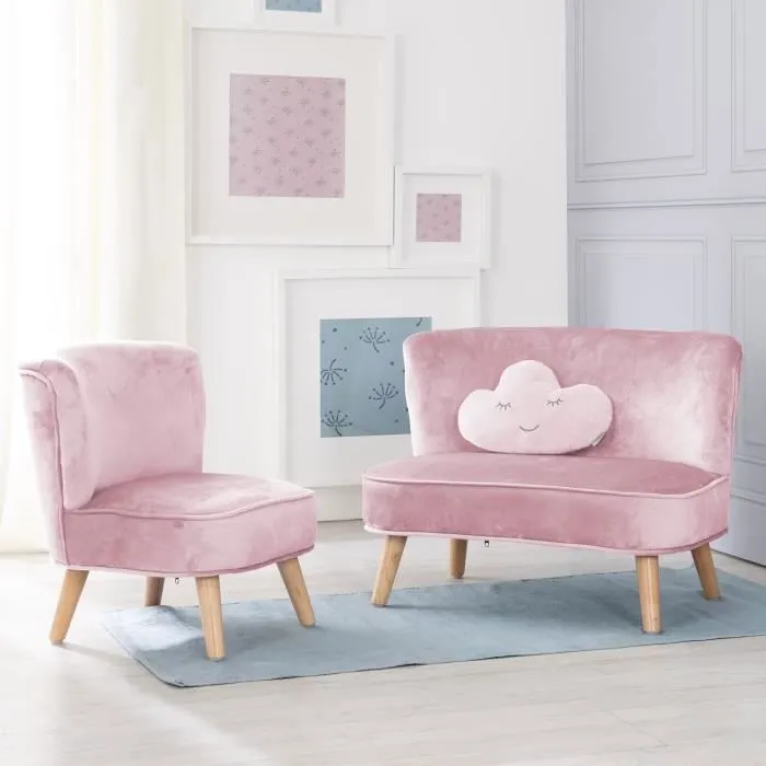 ROBA Canapé et Fauteuil Enfant Lil Sofa + Coussin Décoratif Nuage - Ensemble en Velours - Rose/mauve-1