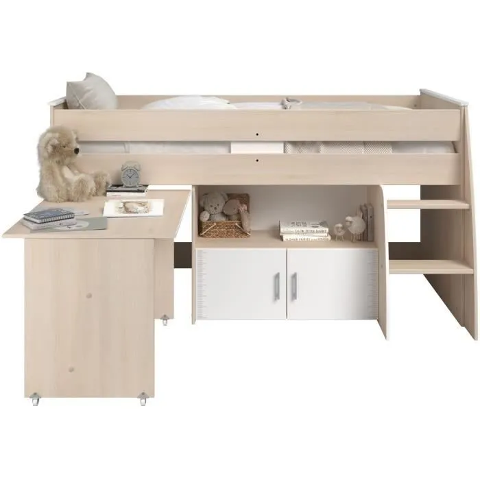 Lit combiné enfant Parisot ZOLA 90x200 cm - 2 portes - Avec bureau - Décor acacia clair et blanc-6