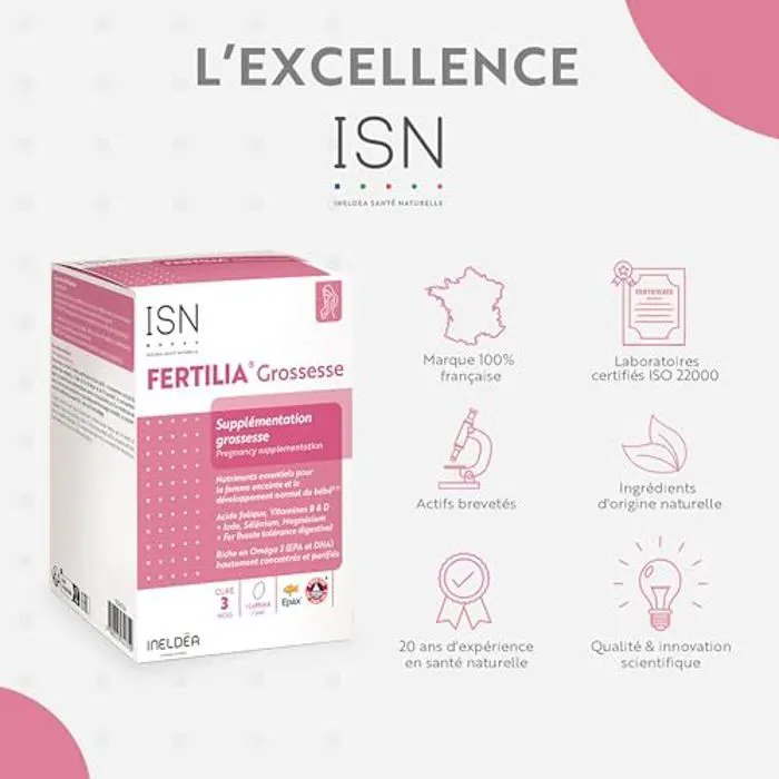 ISN - Fertilia Grossesse - Complément alimentaire pour le bien-être de la femme enceinte & le développement de bébé - Cure 3 mois-3