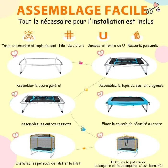 COSTWAY Trampoline pour Enfants Rectangulaire 190 x 124 cm 3 en 1 avec Balançoire,Barre Horizontale,Filet d'Enceinte 100kg Jaune-2