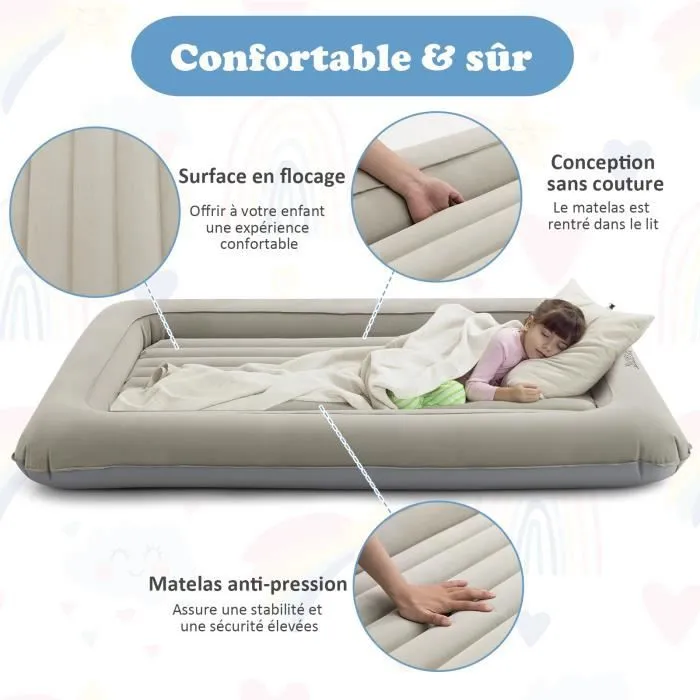 COSTWAY Matelas Gonflable 1 Place Amovible 165x118x20cm Lit de Voyage Enfant Polyvalente en PVC Surface Floqué avec Pompe Electrique-2