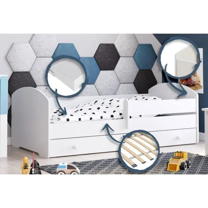 Lit enfant LUK 70x140 avec matelas sommier et tiroir, barrière de sécurité Blanc-2
