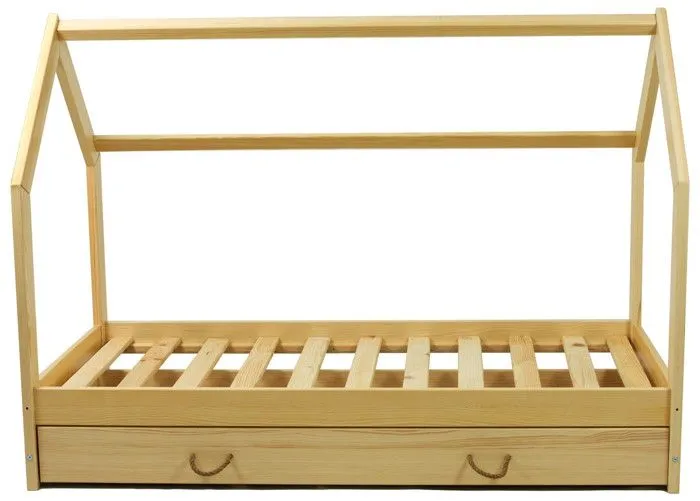 Lit Maison en bois naturel style scandinave avec Tiroir de Rangement (160x80cm) : Confort et Fonctionnalité Réunis - Bois-2