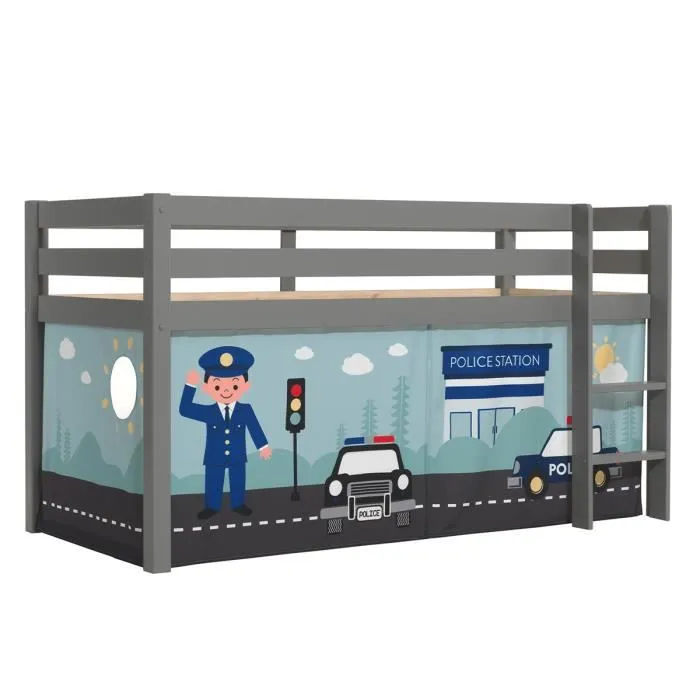 Vipack - Lit Mi-Hauteur 90x200 sommier inclus housse Police Pino - Gris-0