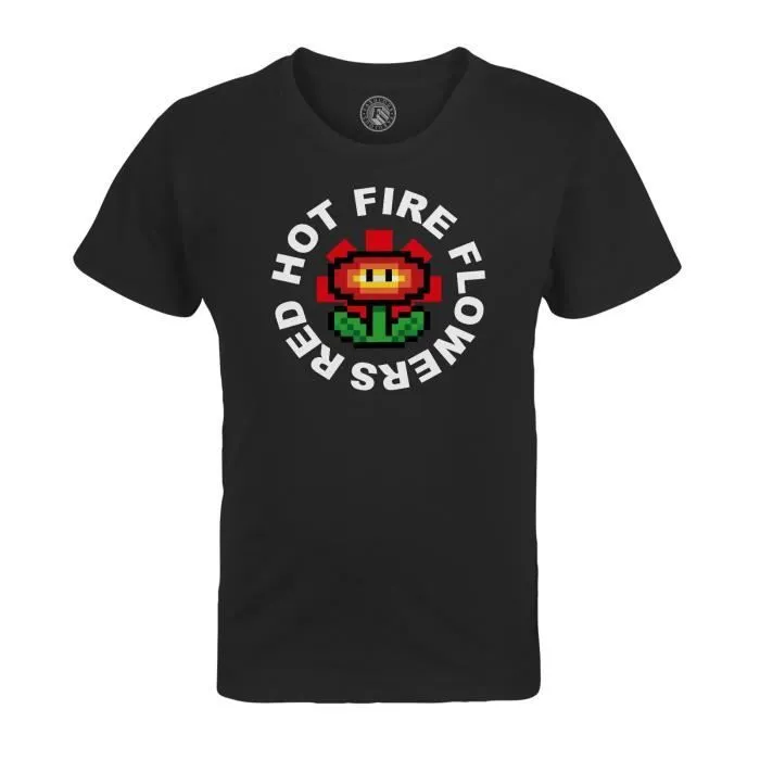 T-shirt Enfant Noir Red Hot Fire Flowers Parodie Pixel Art Jeux Video Retro Gaming 8 Bits Pop-0