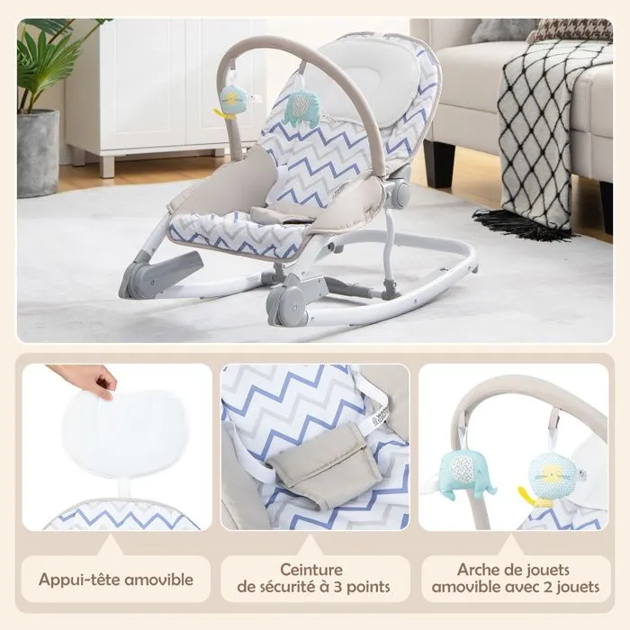 Transat Bébé 2 en 1 COSTWAY-Dossier 3 Positions-Siège Fixe/Bascule en Tissu Amovible Lavable-Arche à Jouets-0 à 6 Mois 9kg-Gris-3