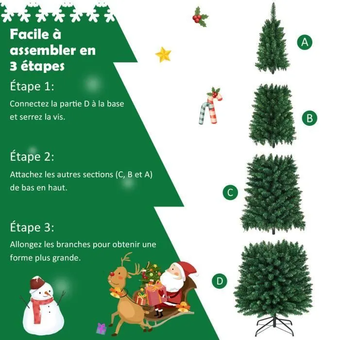 COSTWAY Sapin de Noël Artificiel 240 cm 1000 Branches Support en Métal Solide Aiguilles en PVC Décoration de Fêtes Vert Naturel-2