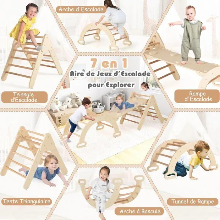 7 en 1 Triangle d'Escalade COSTWAY avec Toboggan/Arche/Rampe - Échelle Réglable, Charge 50KG, pour Bébé 1 Ans+ Naturel-1