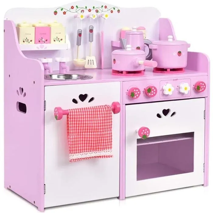 COSTWAY Cuisine Enfants en Bois avec Sons Réel - 13 Accessoires 60 x 29,5 x 62 CM avec Poêle, Pot, Placard, Four, Ustensiles en Rose-0