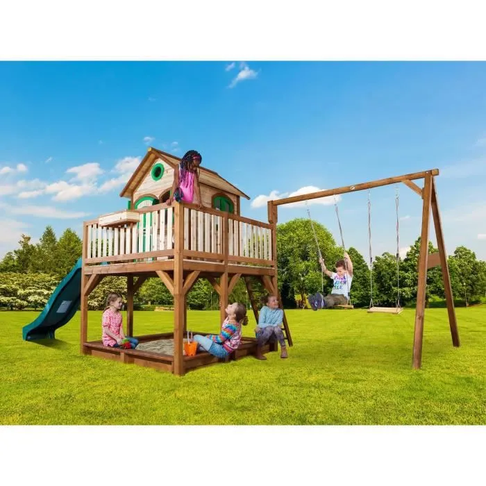 AXI Liam Maison Enfant avec Bac à Sable, Balançoire 2 Agrès & Toboggan vert | Aire de Jeux pour l'extérieur en marron & vert-1
