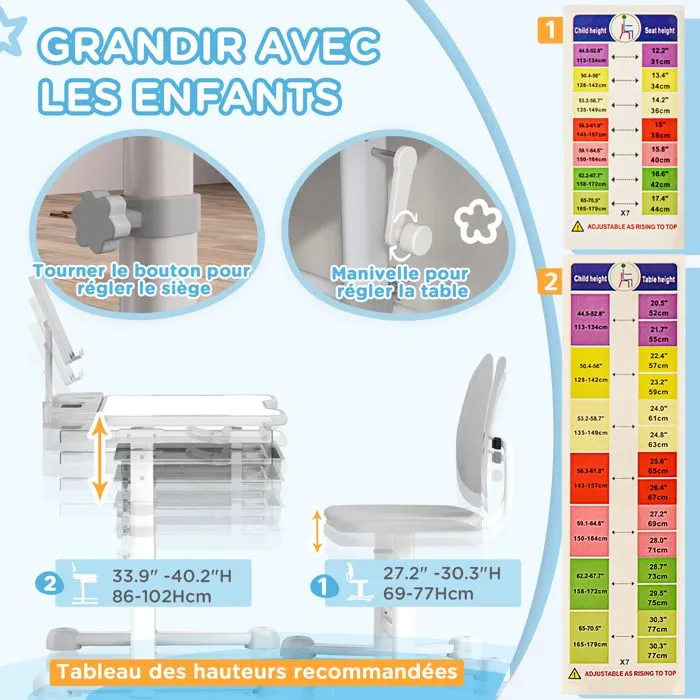 Bureau enfant avec chaise - AIYAPLAY - réglable en hauteur, plateau incliné 45°, tiroir et support de livre, gris-5