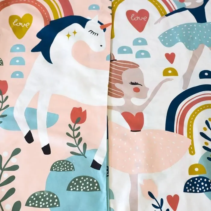Parure de lit Enfant Réversible Licorne et Danseuse Rose Housse de Couette 140x200cm + 1 taie d'oreiller 63x53cm 100% Coton Bio*-2
