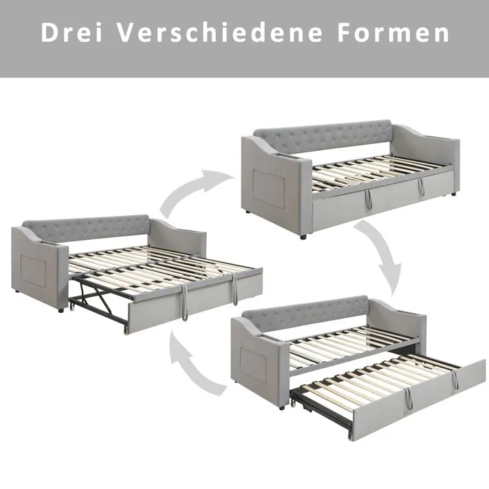 Lit gigogne - Canapé-lit - 90/180x190cm - Velours gris - Rangement intégré - Charge USB-2