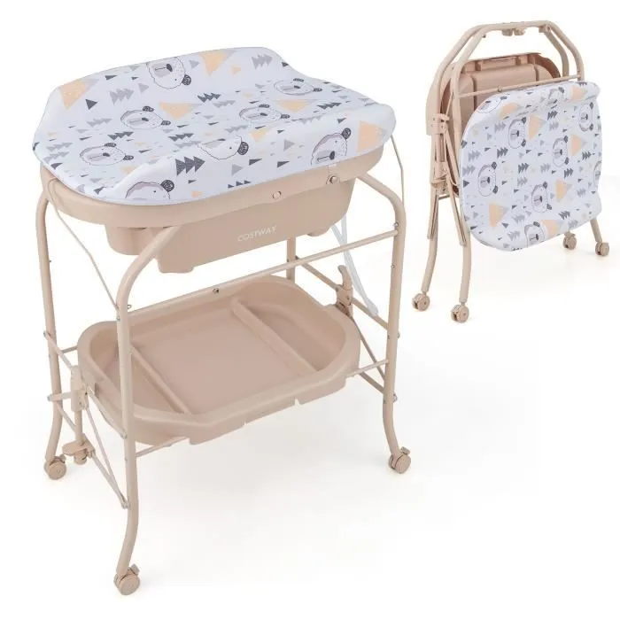 COSTWAY Table à Langer Bébé avec Baignoire 20L 4 en 1 Pliante 4 Roues,Tuyau 1m,Plateau de Rangement Coussin PVC Imperméable Beige-0