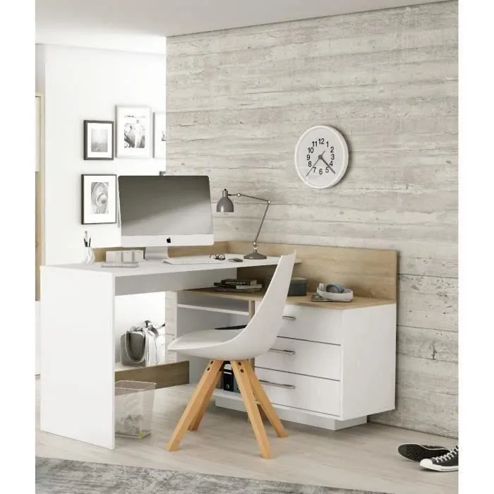 Bureau d'angle 3 tiroirs - Décor chêne et blanc - L 128,5 x P 105,7 x H 83,2 cm - THALES-1