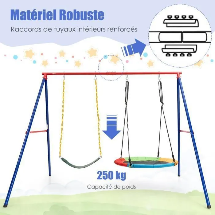 COSTWAY Portique de Balançoire pour 2 Enfants en Métal Structure en A Charge 250KG 260 x 183 x 183 cm 2 Façons de Suspendre-2