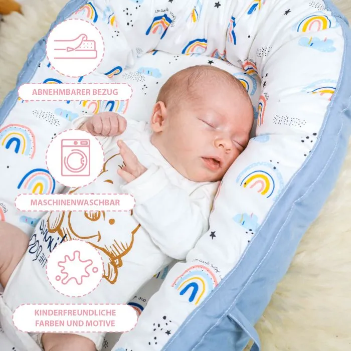 Nid d'enfant avec poignée 90X50 cm - Babynest Set Reducteur de lit Bebe nouveau-né avec housse amovible en coton Blau-1