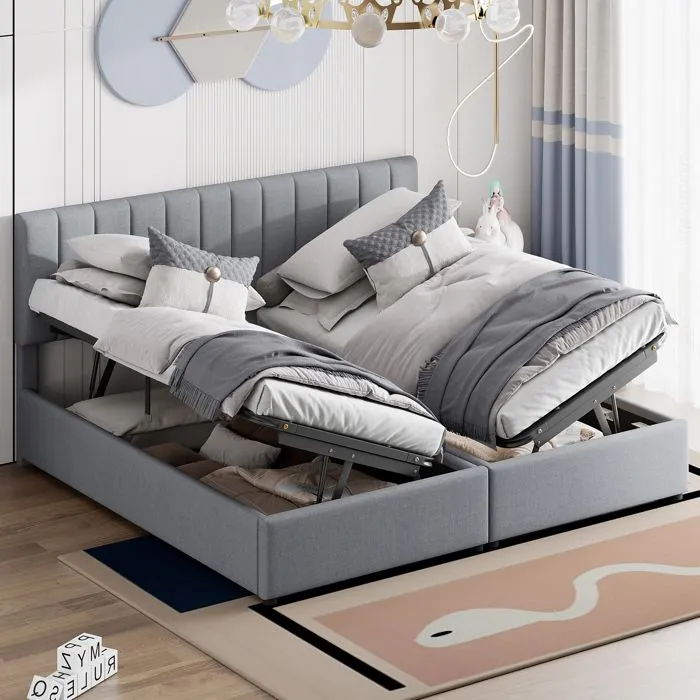 MODERNLUXE Lit adulte 180x200 cm, lit de rangement, lit double multifonctionnel, sommier à lattes, gris-0