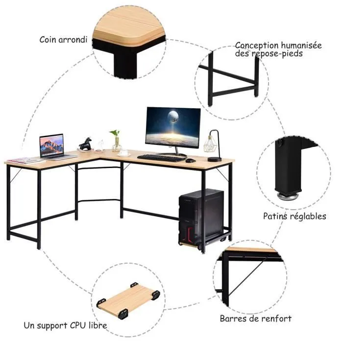 COSTWAY Bureau d’Angle Grand L168 x l125 x H74CM-Jusqu'à 3 Ordinateurs avec Support CPU Style industriel, Structure en Métal Naturel-2