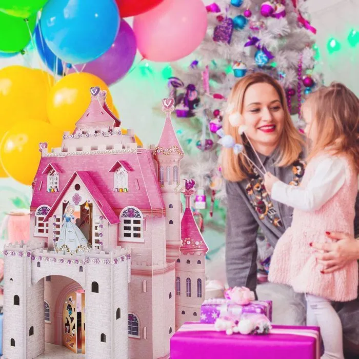 Puzzle 3D Chateau Princesse, Princess Birthday Party, Puzzle 3D Enfant 5 Ans, Puzzles 3D avec 524 Autocollants, 95 Pièces, Rose-4