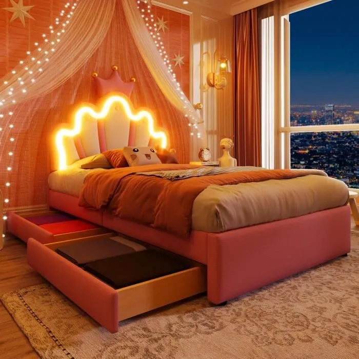 Lit enfant - Princesse - 90x200cm - 2 tiroirs - Tête de lit LED - Cuir PU rose-2