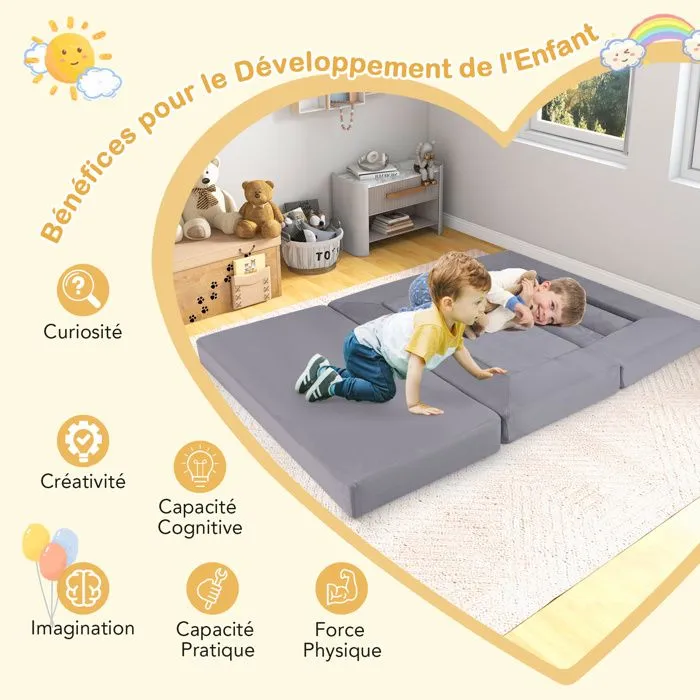 COSTWAY Canapé Bebe Modulaire pour 2 Enfants 9 Pièces, Convertible en Mousse, pour Grimper et Ramper, Tissu en Daim, Gris-2