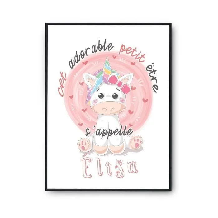 Affiche bébé prénom Élisa Licorne - Poster pour chambre bébé et enfant - Rose - Chambre - Décoration murale-0