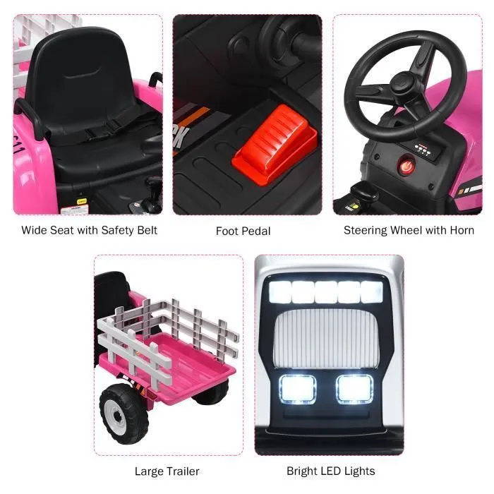 COSTWAY 12V Tracteur Électrique Enfants à 6 Pneus - Pelle, Remorque Amovible, LED, Musique - Télécommande 2,4G, 3-8km/h, Rose-3