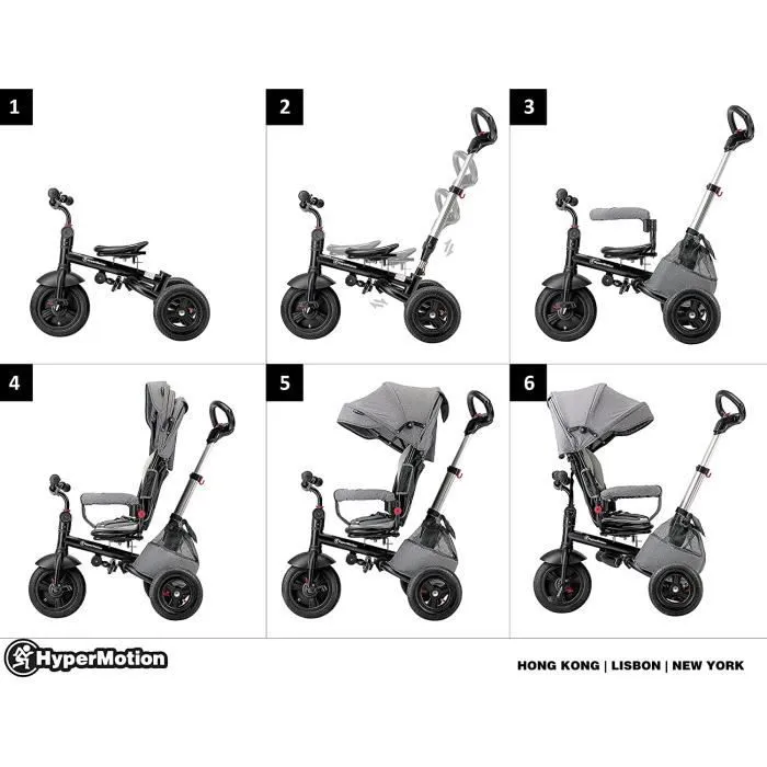 Bebeboutik HyperMotion Tricycle Evolutif Enfant 1 a 5 ans 25kg Velo Poussette Habillage Pluie Roue Pompee Siege Pivotant Gris