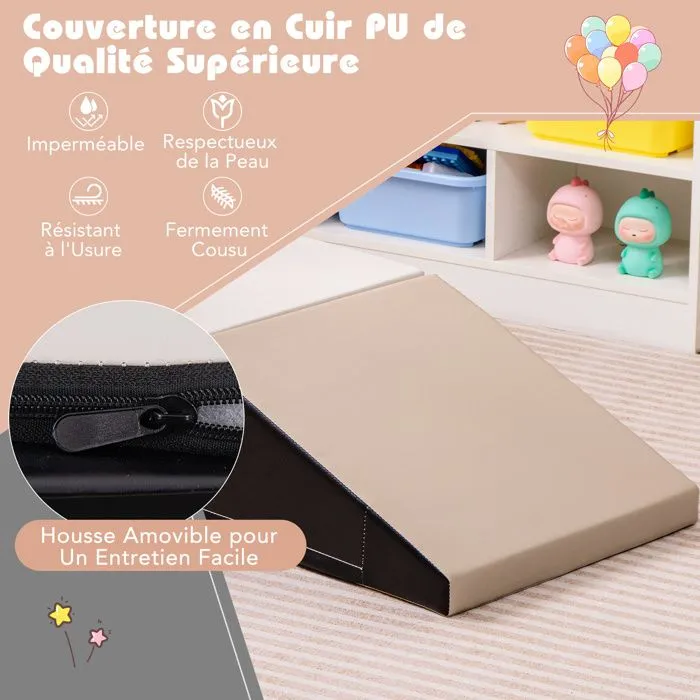 2PCS Module Motricité Bébé en Mousse COSTWAY-Bloc de Construction Housse PU Imperméable & Amovible-Attache Auto-aggrippant-Gris-4