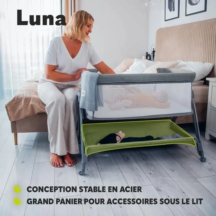 Lit cododo LIONELO Luna - 4 x Roulettes -Matelas inclus - Jusqu'à 9 kg - Hauteur et inclinaison réglables - Gris-2