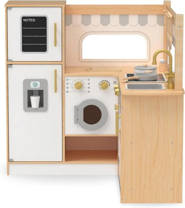 Cuisine Enfant en Bois Mamabrum, Interactive Grande Cuisinière L avec Accessoires, Réfrigérateur, Micro-ondes, Four, Lave-linge-1