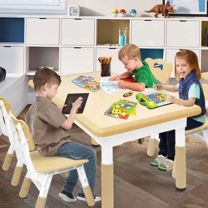 UISEBRT Table avec 4 Chaises pour Enfants Réglable en Hauteur Meubles en Plastique pour Garçons et Filles de 2 à 10 Ans, Beige-3