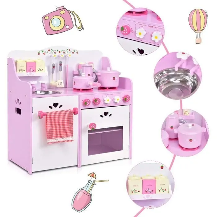 COSTWAY Cuisine Enfants en Bois avec Sons Réel - 13 Accessoires 60 x 29,5 x 62 CM avec Poêle, Pot, Placard, Four, Ustensiles en Rose-2