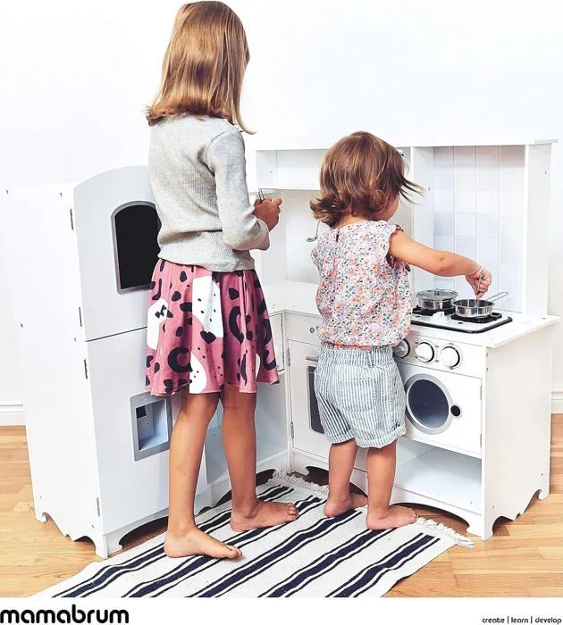 Mamabrum Grande Cuisine Enfant en Bois XXXL- Imitation- Cuisine Forme L Accessoires- Réfrigérateur Four Micro-ondes Armoires-4