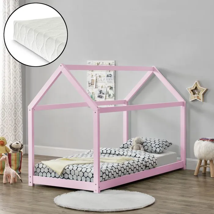 Lit Cabane Forme Maison Netstal avec Matelas Mousse à Froid 200 x 90 cm Rose [en.casa]-0