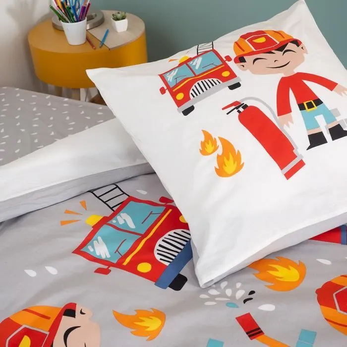 Parure de lit Enfant Réversible Pompier et Pirate Housse de Couette 140x200cm + 1 taie d'oreiller 63x53cm 100% Coton Bio*-2