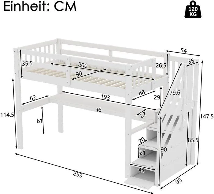 Lit mezzanine - Blanc - 90 x 200 cm - Avec bureau et tiroirs - 1 place - Montage facile-2
